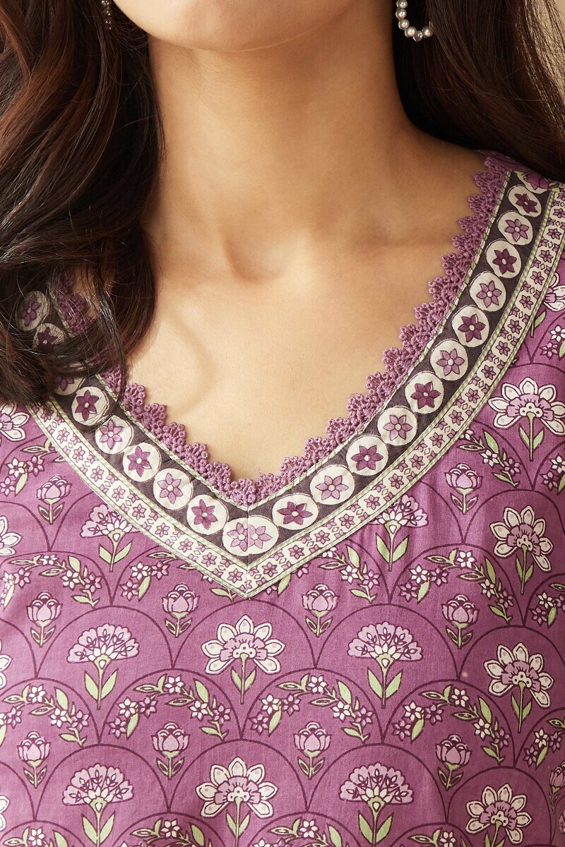 Purple Hand Printed Straight Cotton Kurta