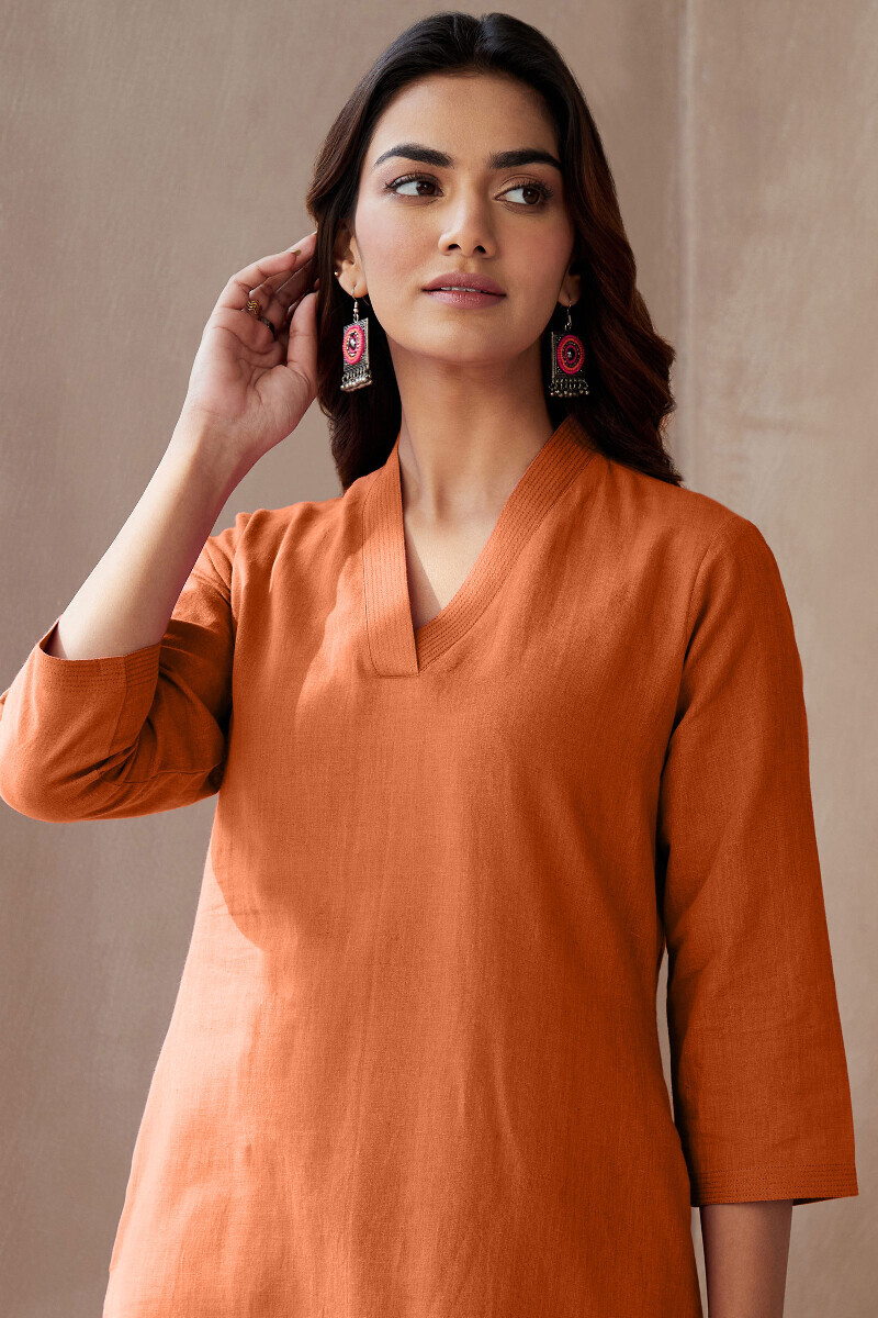 Burnt Orange Handcrafted Straight Cotton Flax Kurta