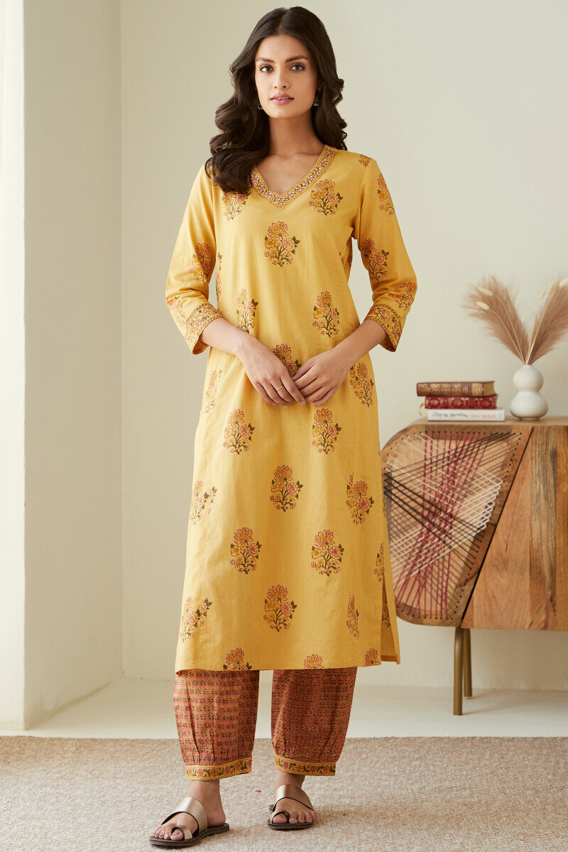 Mustard Hand Block-Printed Straight Cotton Kurta