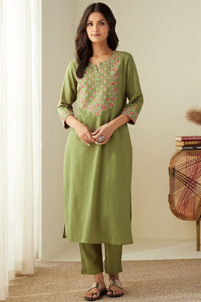 Green Handcrafted Straight Cotton Flax Kurta