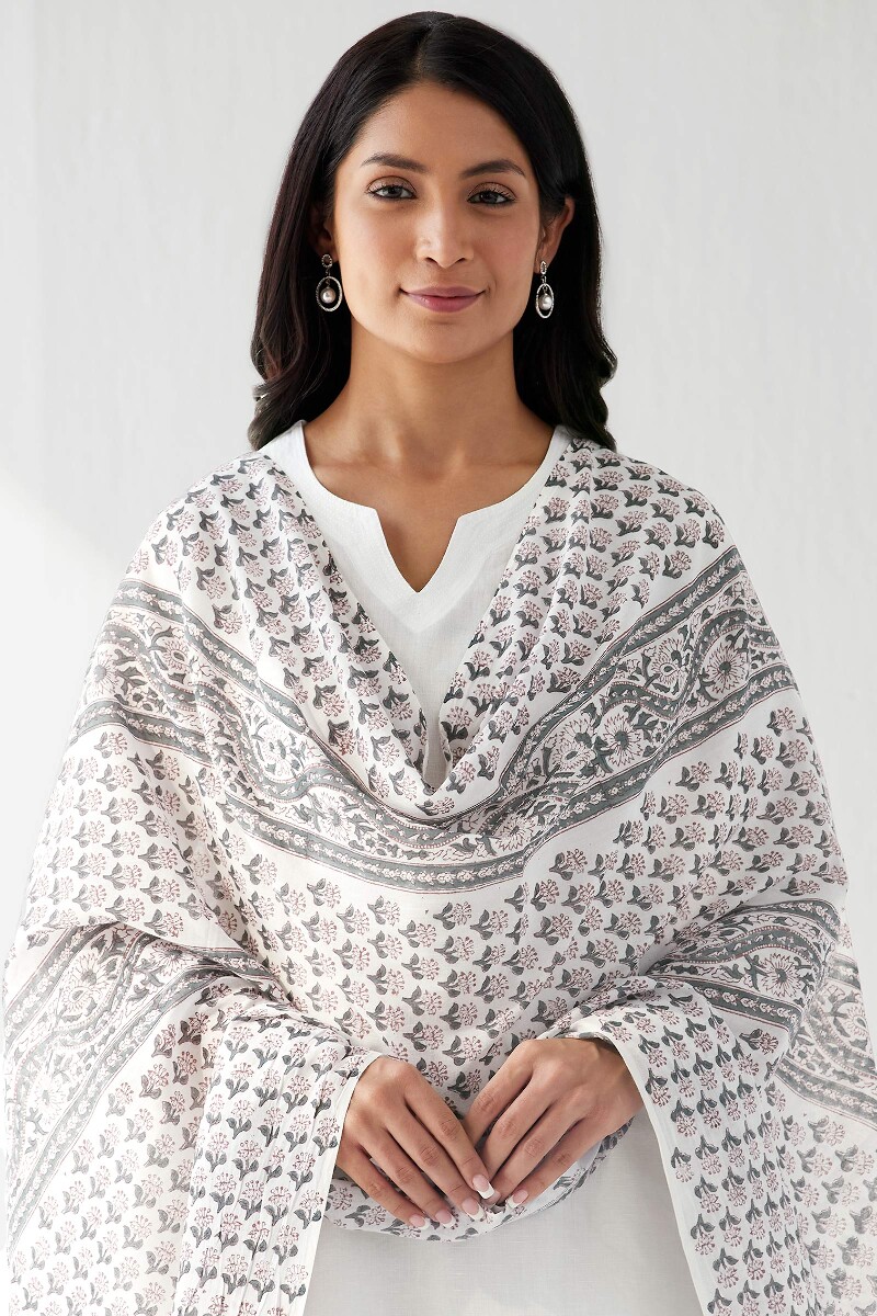 White Hand Block Printed Cotton Mul Dupatta