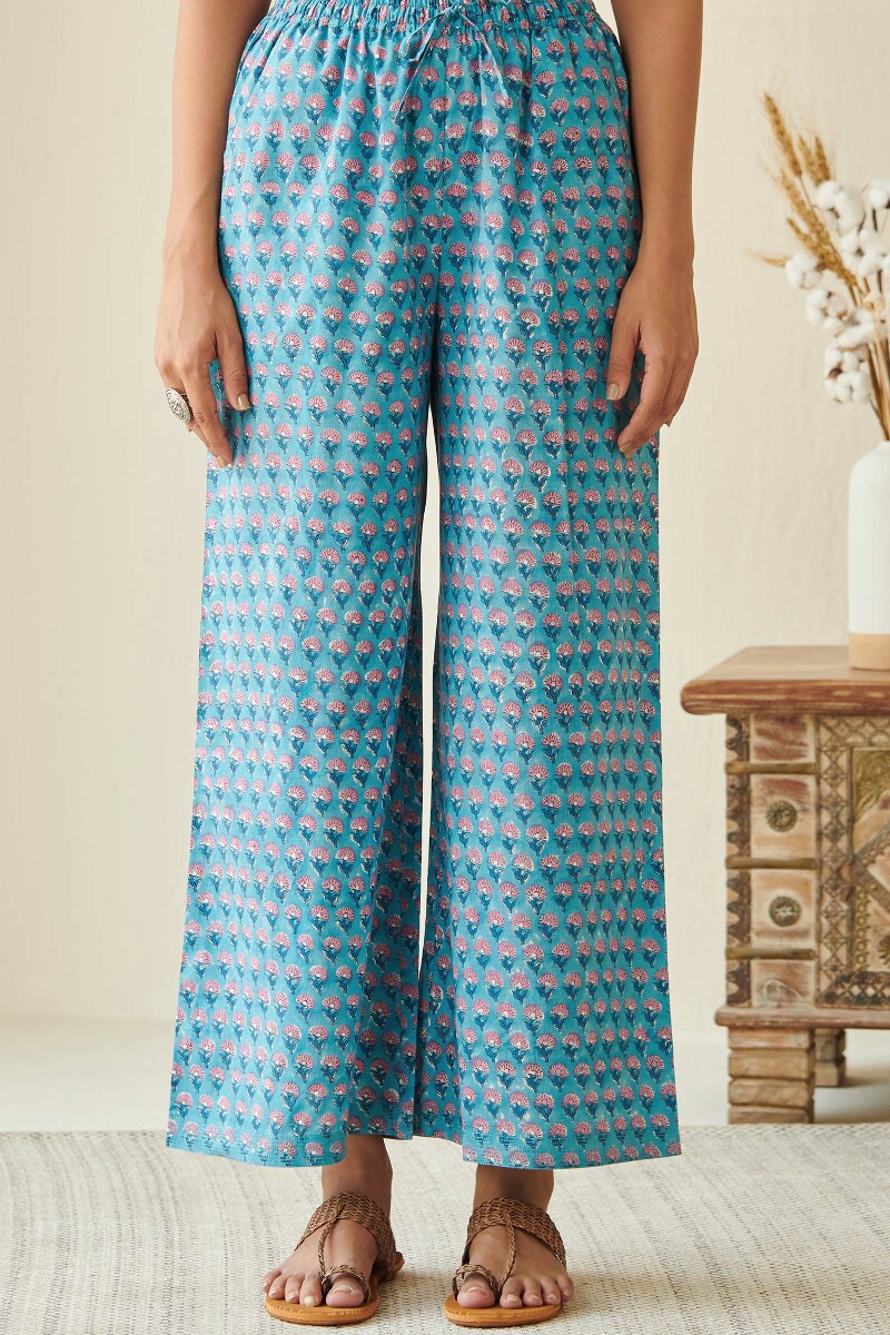 Blue Hand Block Printed Cotton Farsi Pants