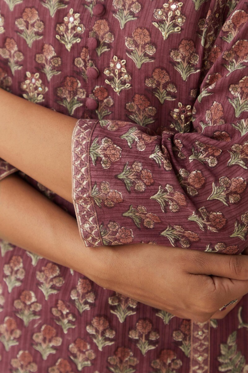 Maroon Hand Block Printed Straight Cotton Kurta