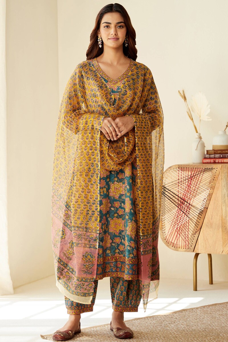 Blue Hand Block-Printed A-Line Cotton Kurta