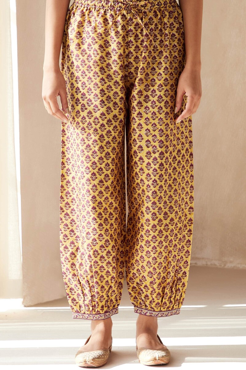 Yellow Hand Block-Printed Chanderi Izhaar Pants