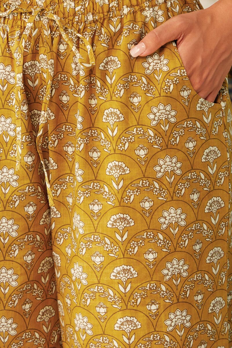 Mustard Hand Printed Cotton Slub Farsi