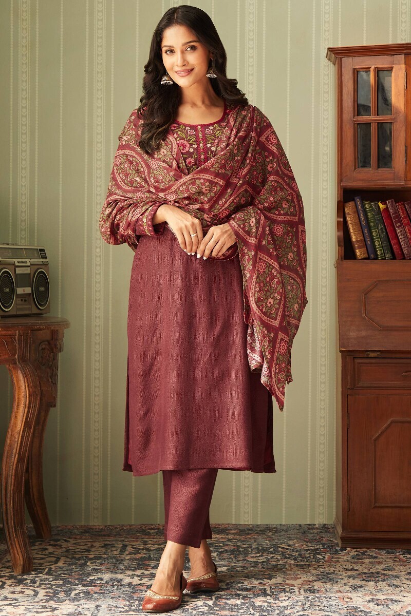 Maroon Handcrafted Straight Faux Wool Kurta