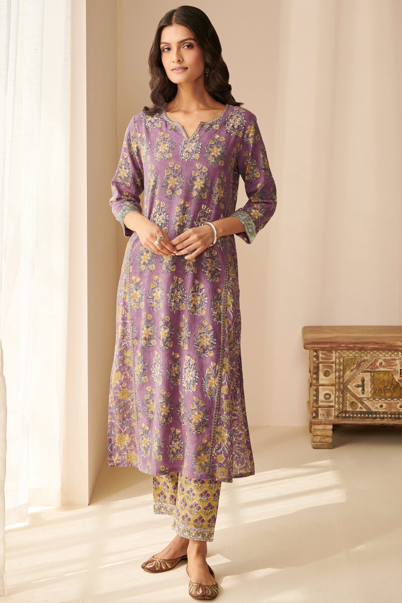 Purple Hand Block Printed Straight Cotton Slub Kurta