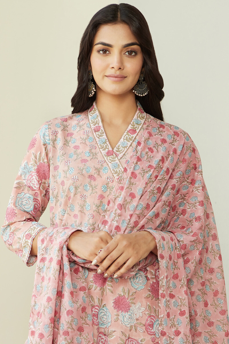 Pink Hand Block Printed Cotton Mul Dupatta