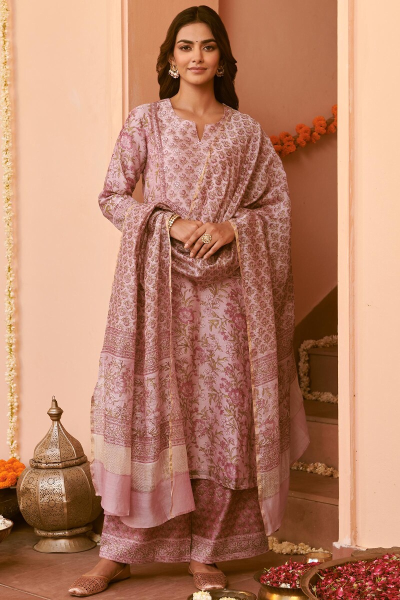 Light Pink Hand Block-Printed Straight Chanderi Kurta