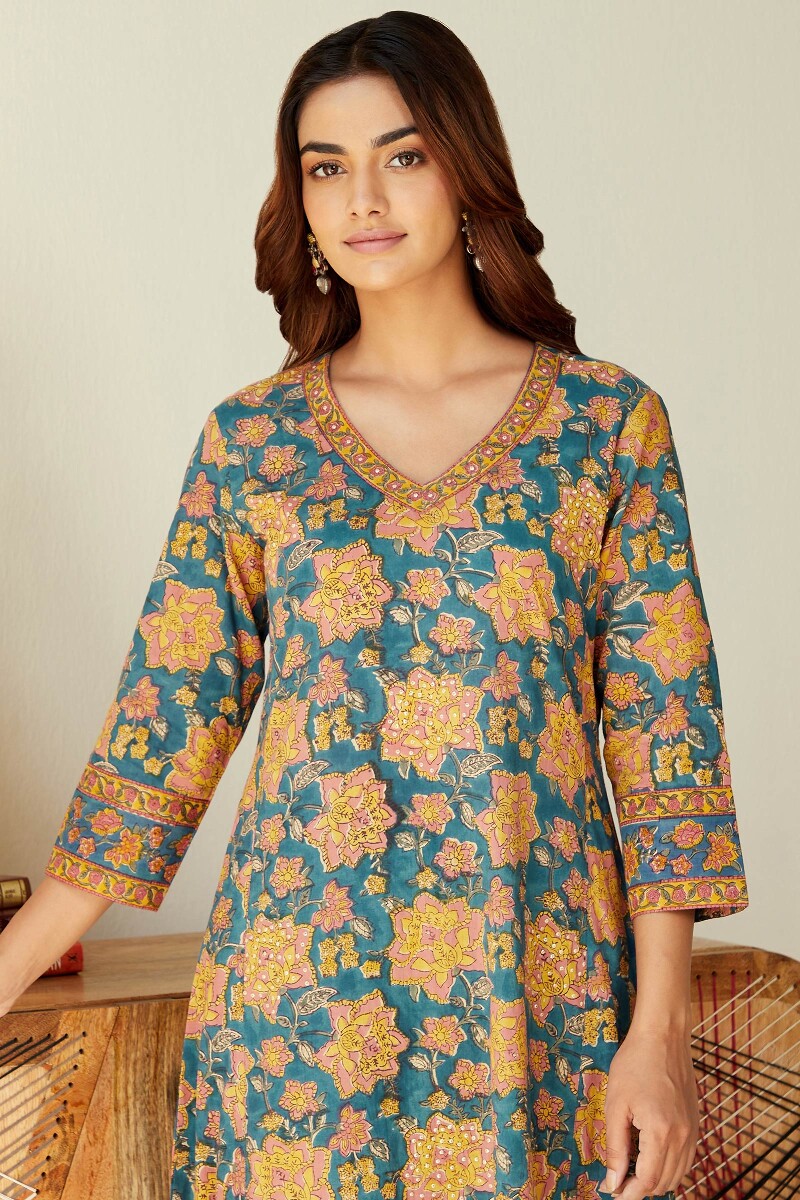 Blue Hand Block-Printed A-Line Cotton Kurta