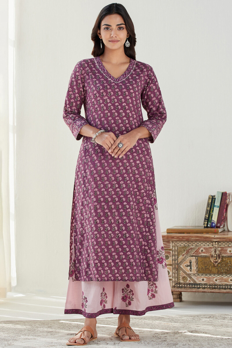 Purple Hand Block Printed Straight Cotton Slub Kurta