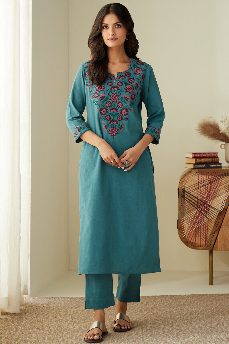 Blue Handcrafted Straight Cotton Flax Kurta