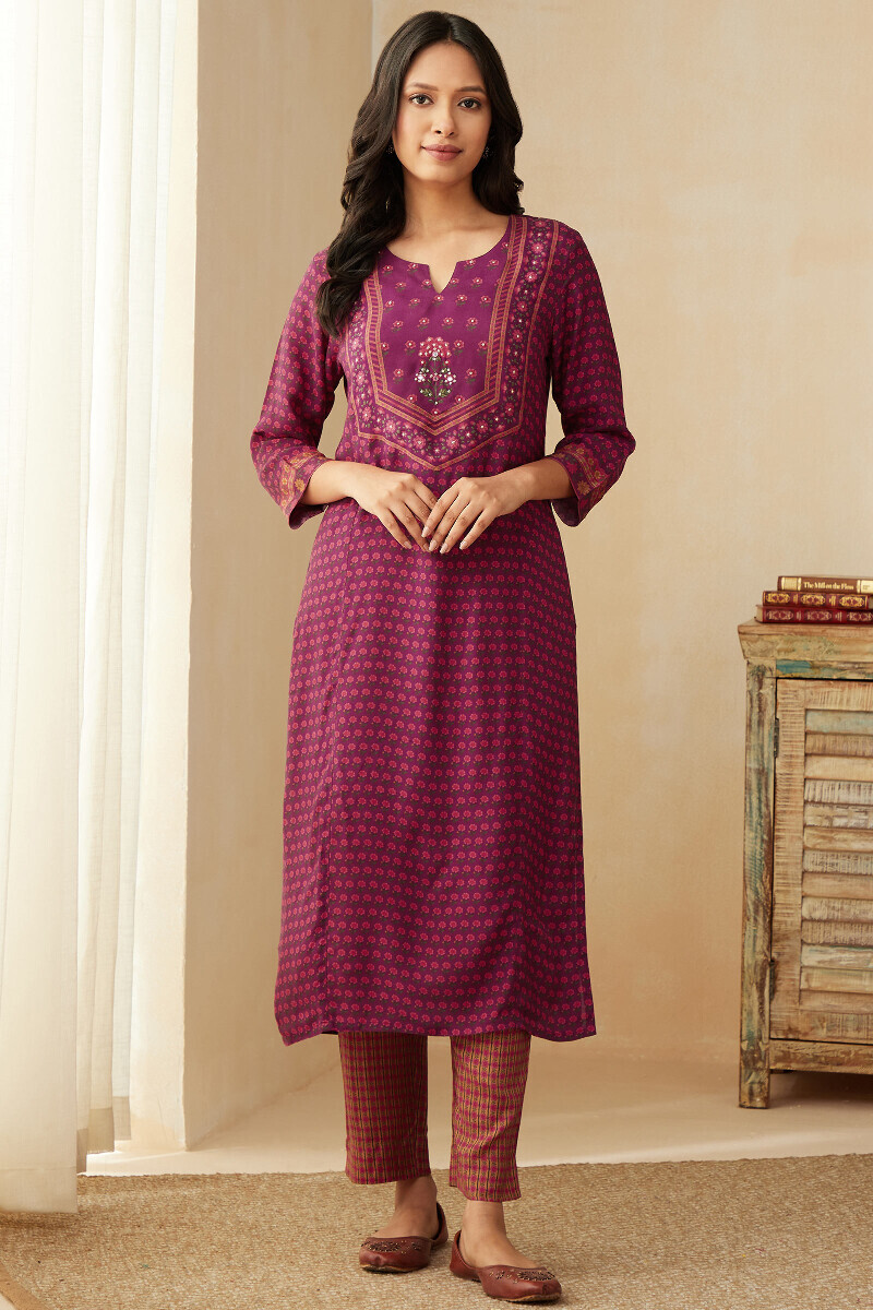 Purple Printed Straight Viscose Kurta