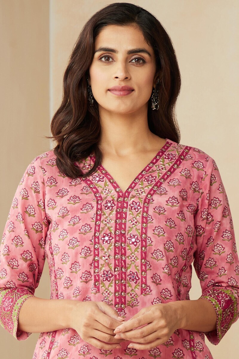 Pink Hand Block-Printed Straight Cotton Kurta