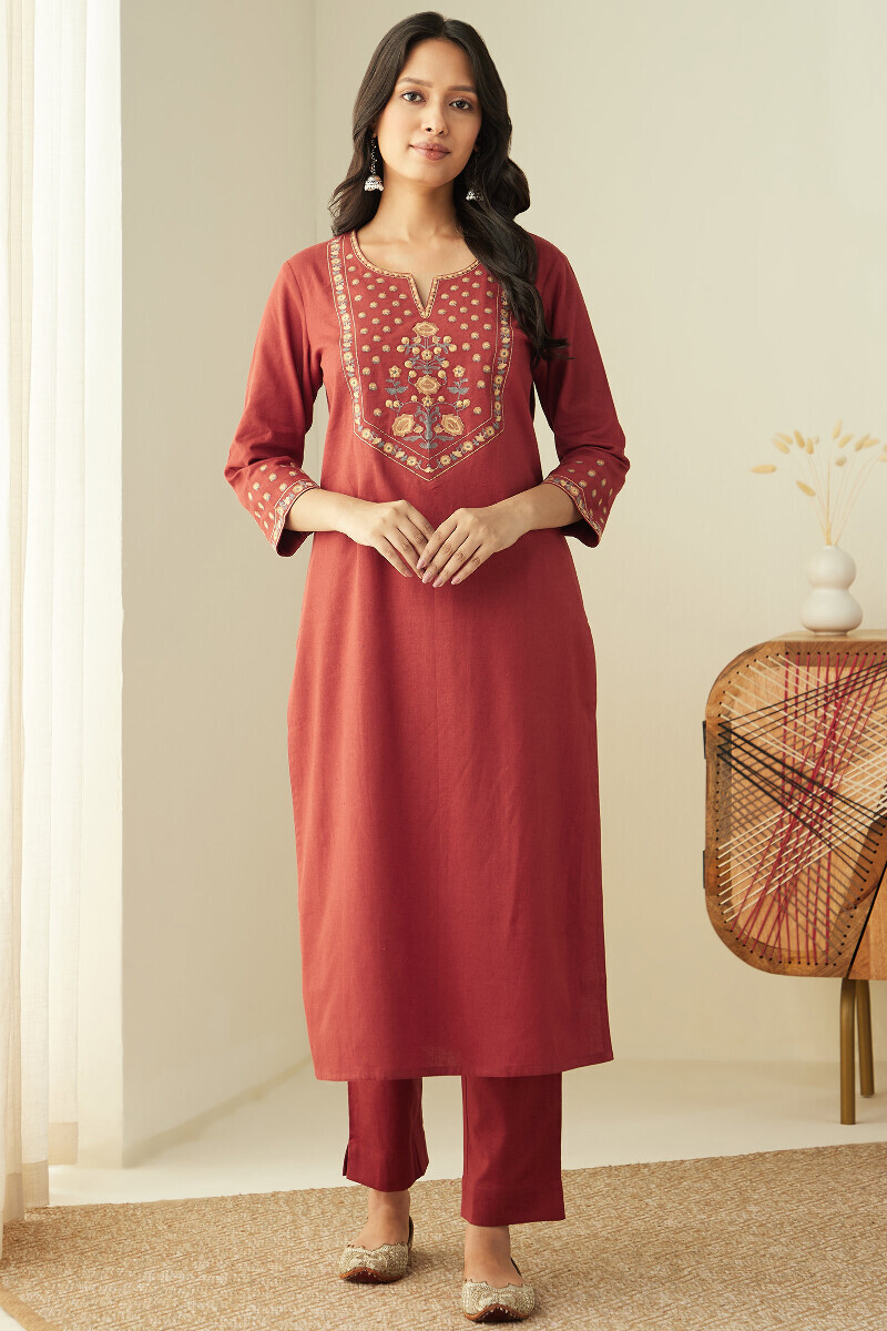 Red Handcrafted Straight Cotton Flax Kurta