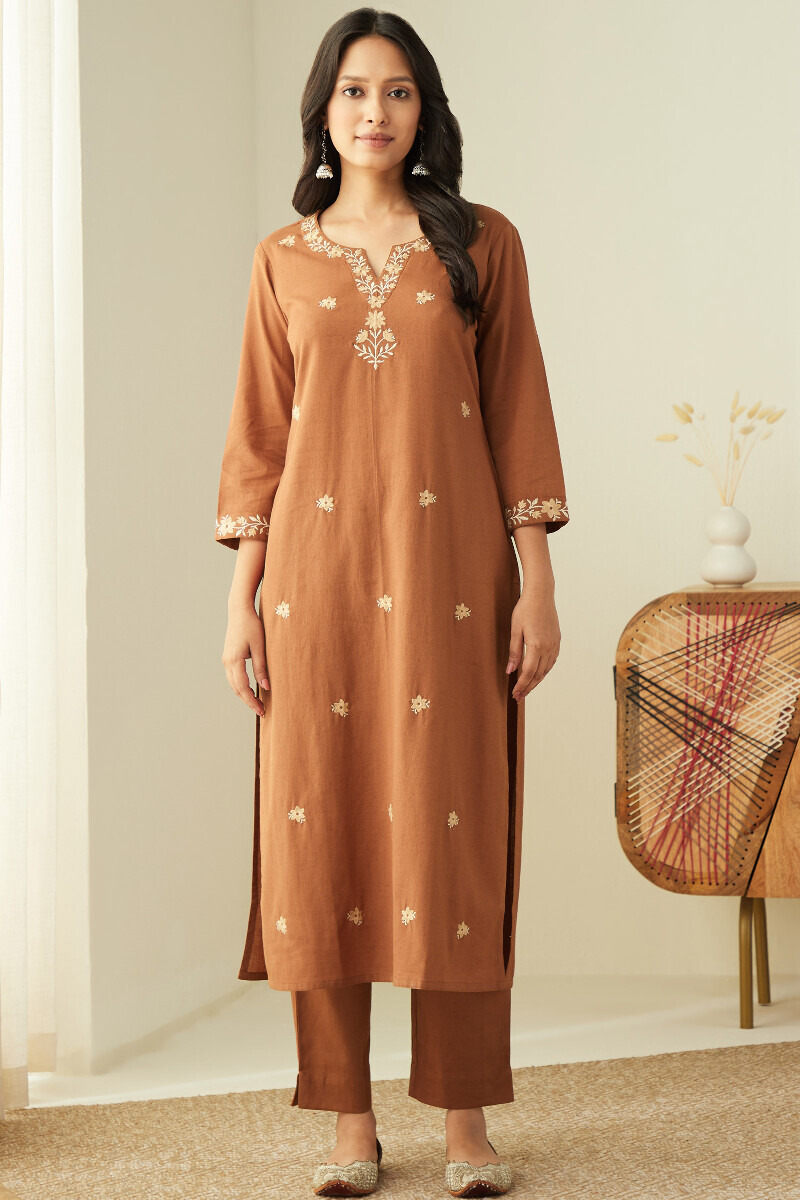 Rust Handcrafted Straight Cotton Flax Kurta