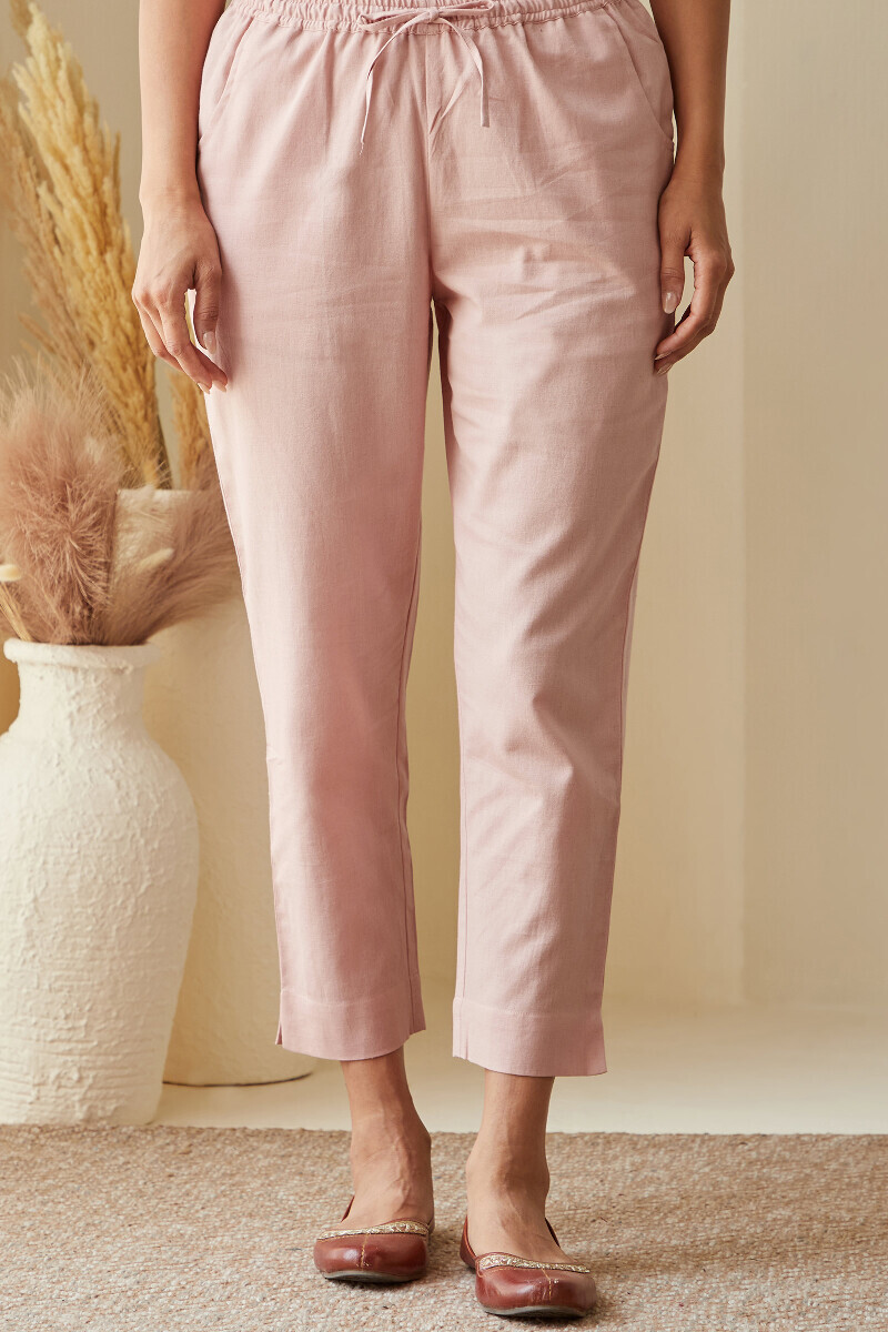 Pink Handcrafted Cotton Flax Narrow Pants