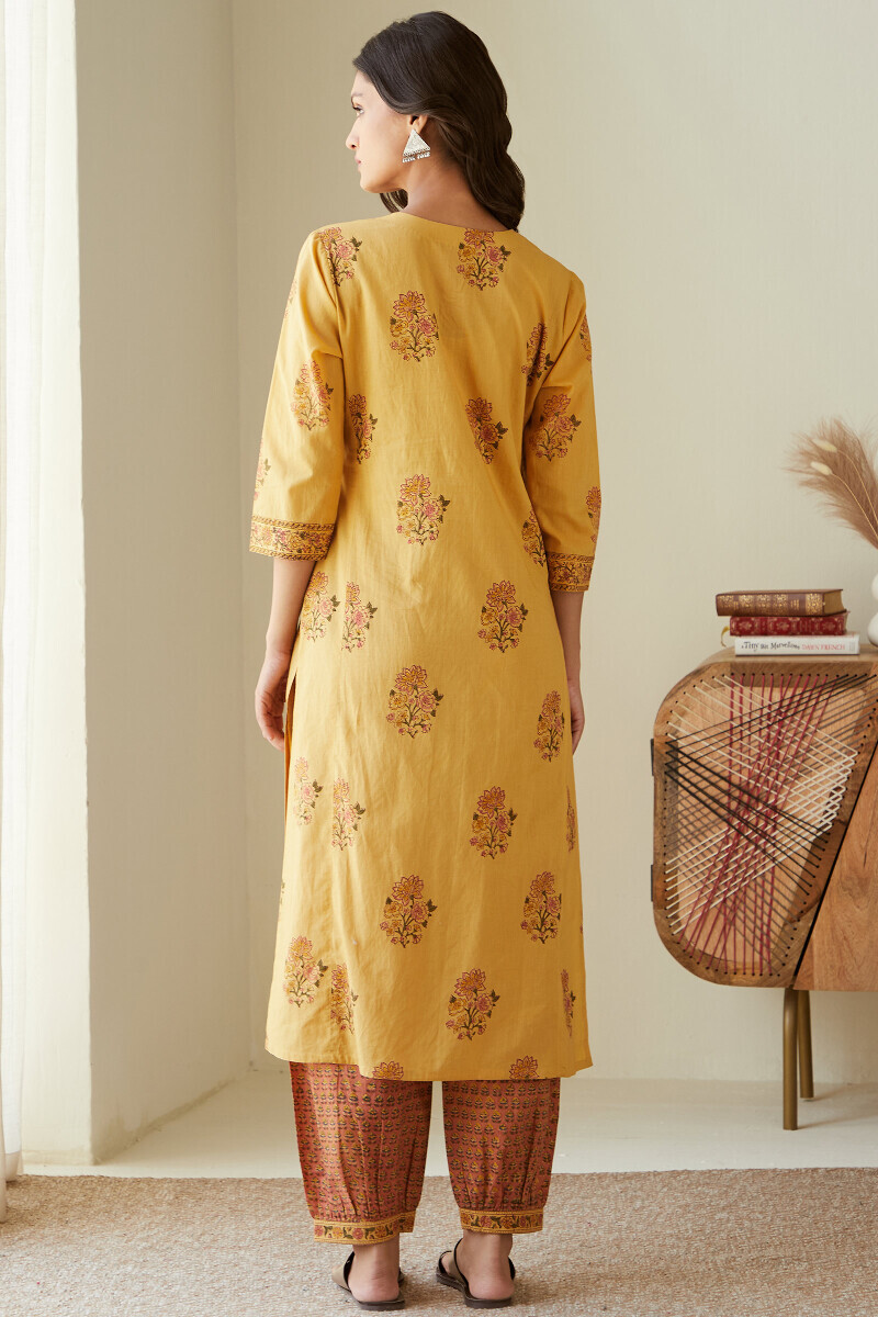 Mustard Hand Block-Printed Straight Cotton Kurta