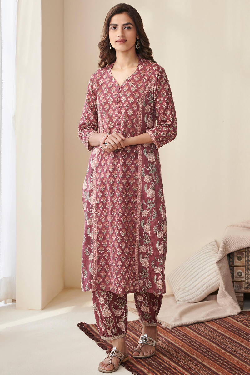 Maroon Hand Block Printed Straight Cotton Kurta