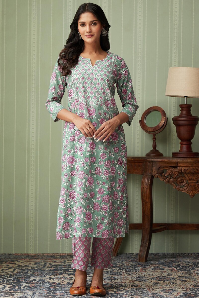 Green Hand Block-Printed Straight Cotton Kurta