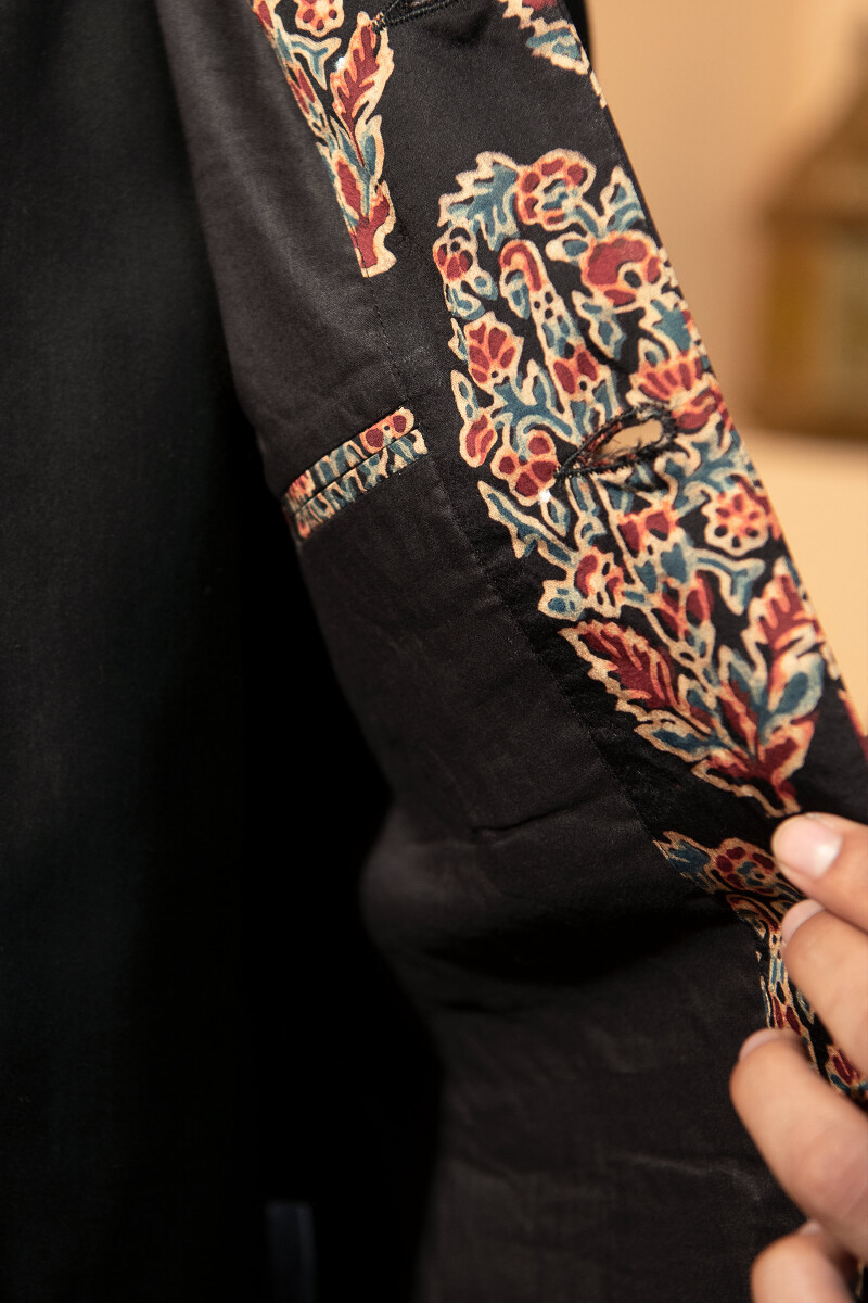 Black Hand Block Printed Modal Nehru Jacket