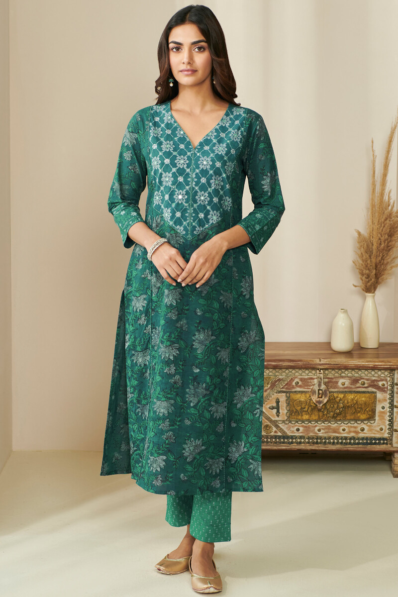 Turquoise Blue Hand Block Printed Straight Cotton Kurta