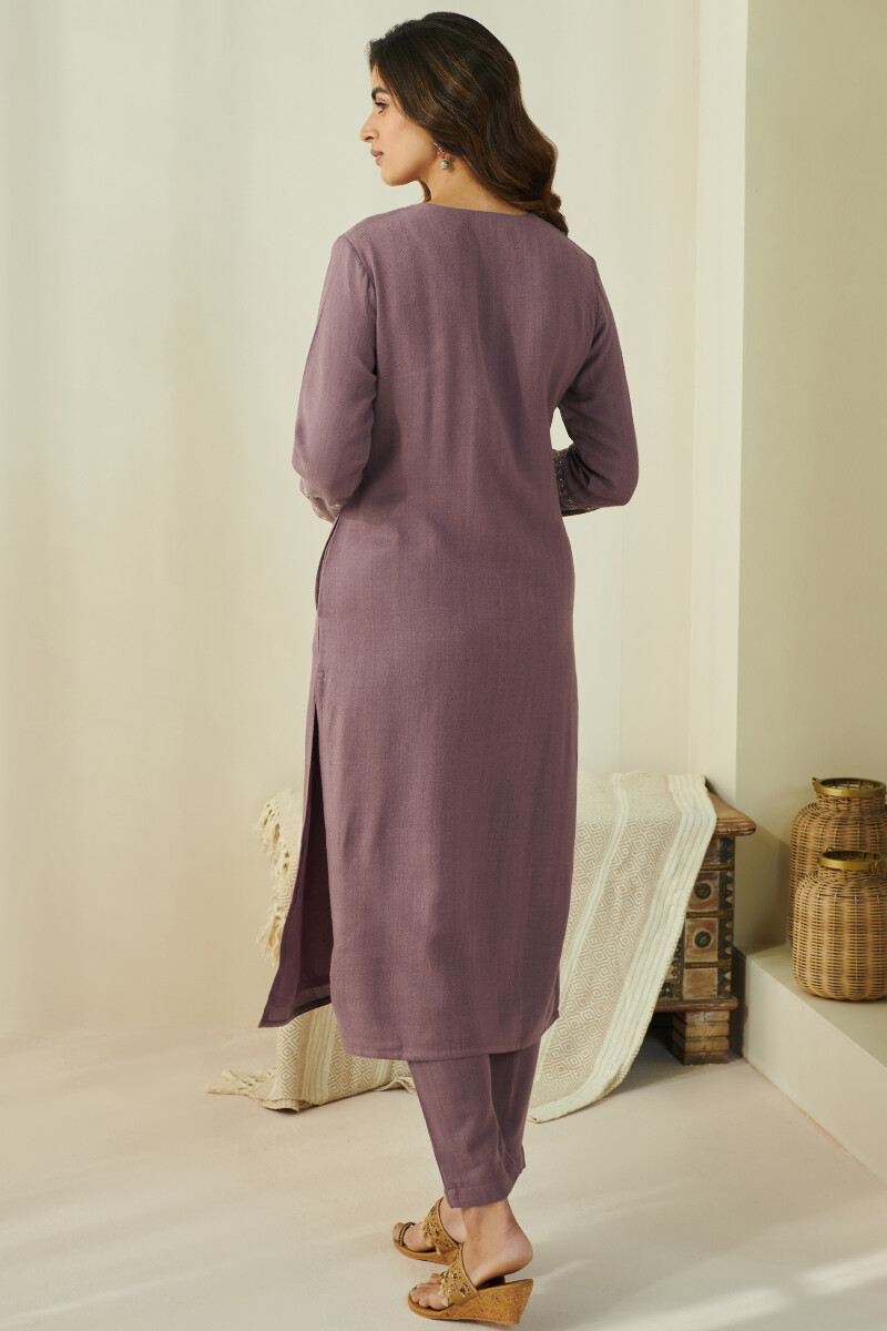 Purple Handcrafted Straight Faux Wool Kurta