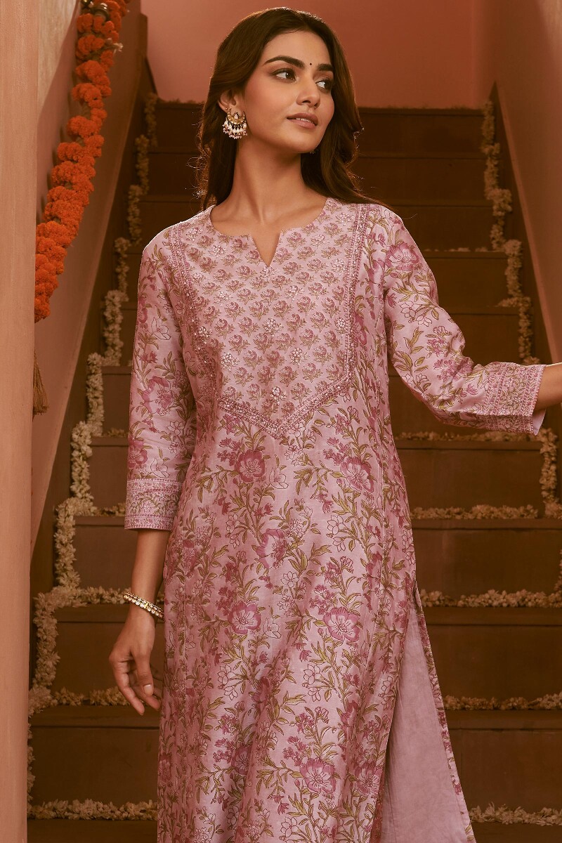 Light Pink Hand Block-Printed Straight Chanderi Kurta