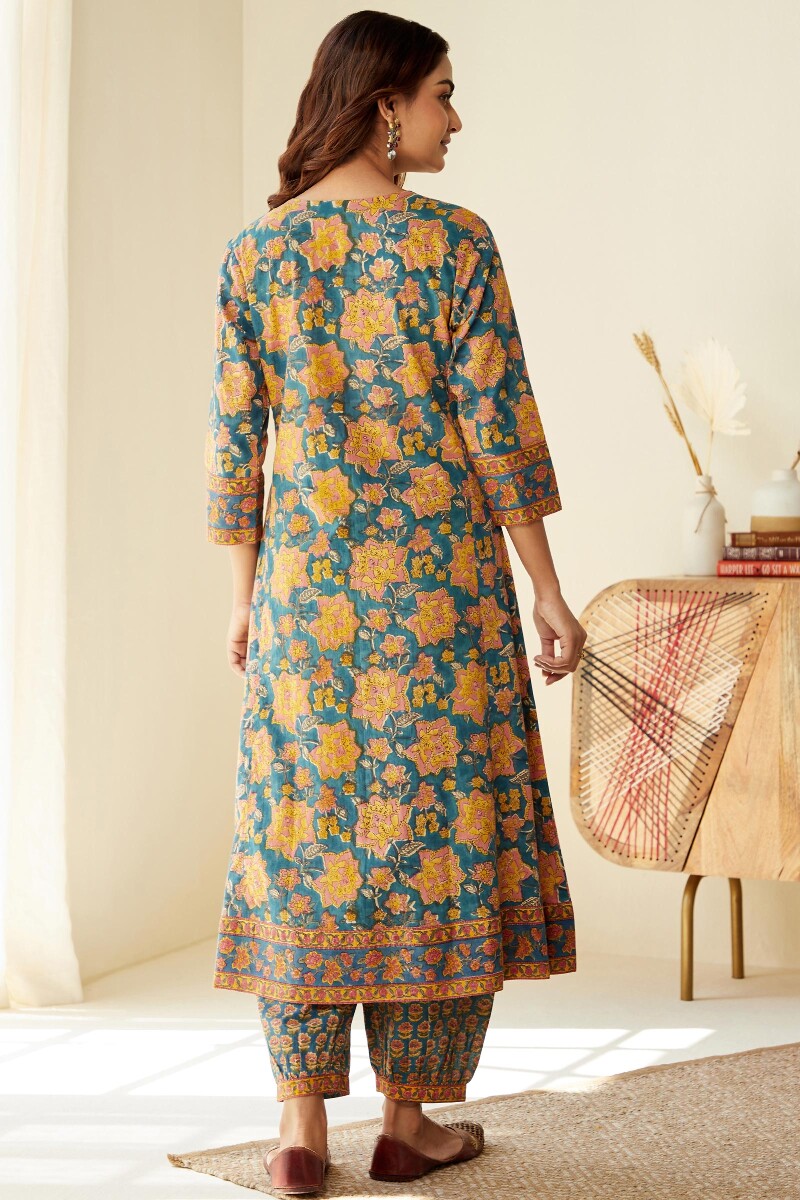 Blue Hand Block-Printed A-Line Cotton Kurta