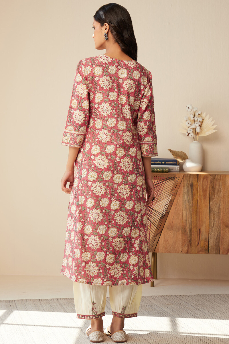 Pink Hand Block-Printed Straight Cotton Kurta