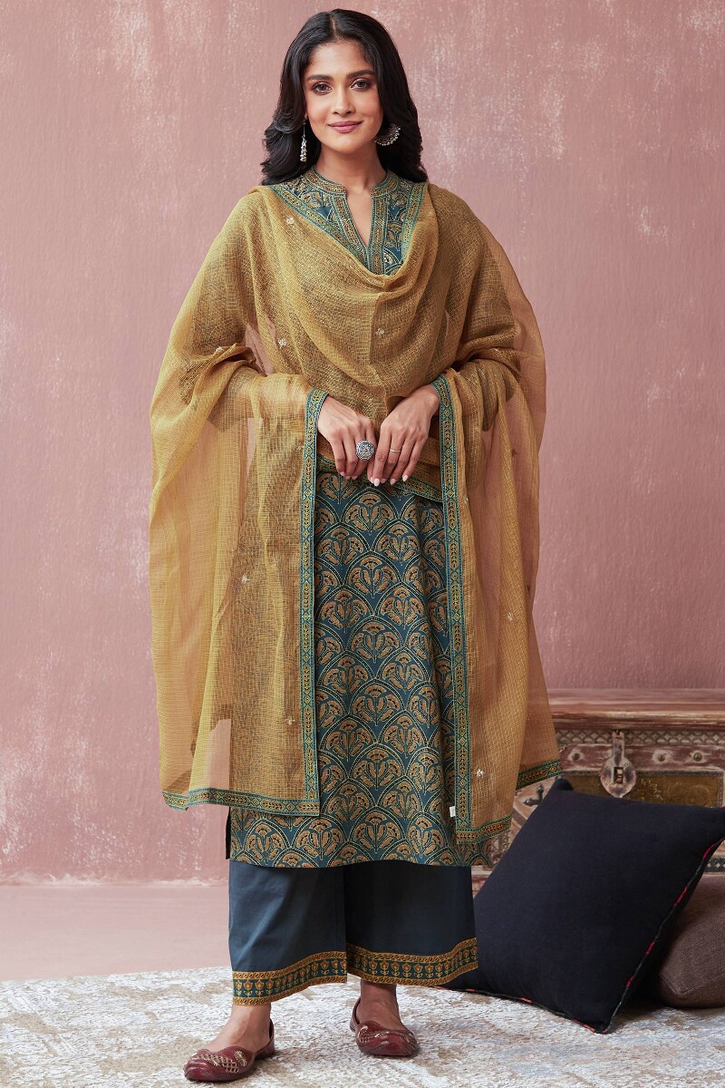 Teal Handcrafted Cotton Slub Farsi