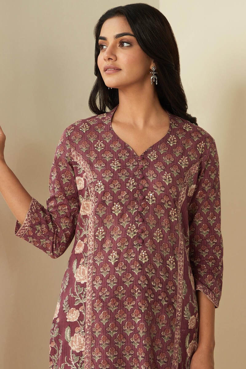 Maroon Hand Block Printed Straight Cotton Kurta