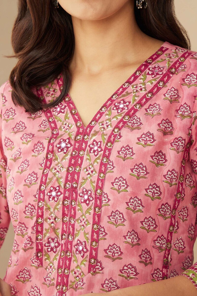 Pink Hand Block-Printed Straight Cotton Kurta