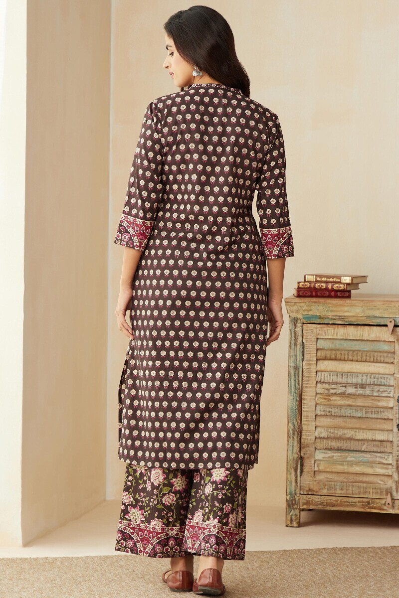 Brown Hand Printed Straight Cotton Kurta