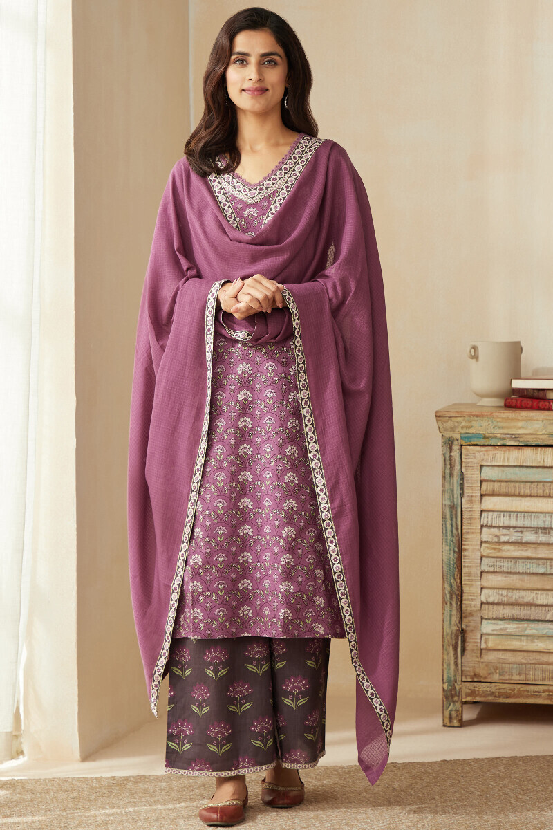 Purple Hand Printed Straight Cotton Kurta