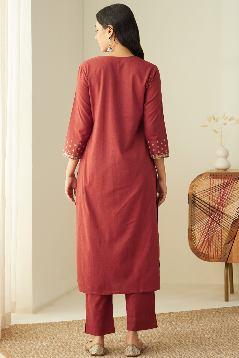 Red Handcrafted Straight Cotton Flax Kurta