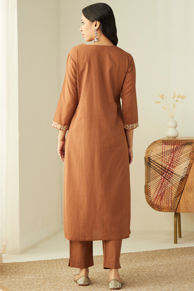 Rust Handcrafted Straight Cotton Flax Kurta