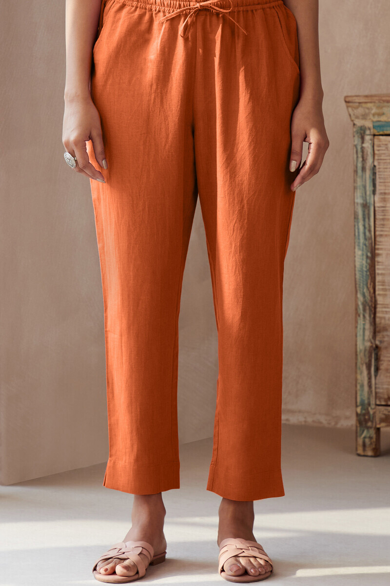 Burnt Orange Handcrafted Cotton Flax Narrow Pants