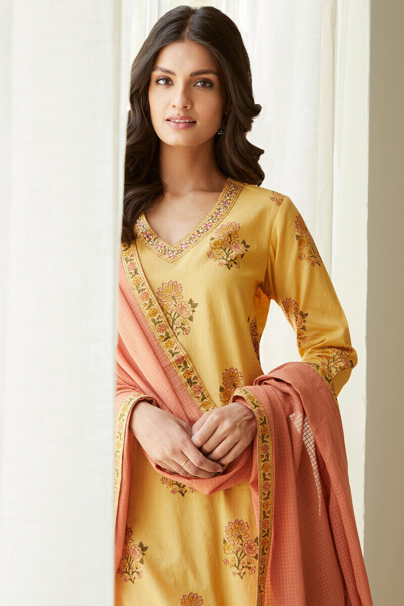 Mustard Hand Block-Printed Straight Cotton Kurta