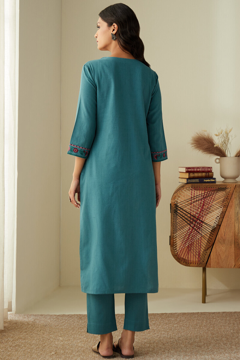 Blue Handcrafted Straight Cotton Flax Kurta