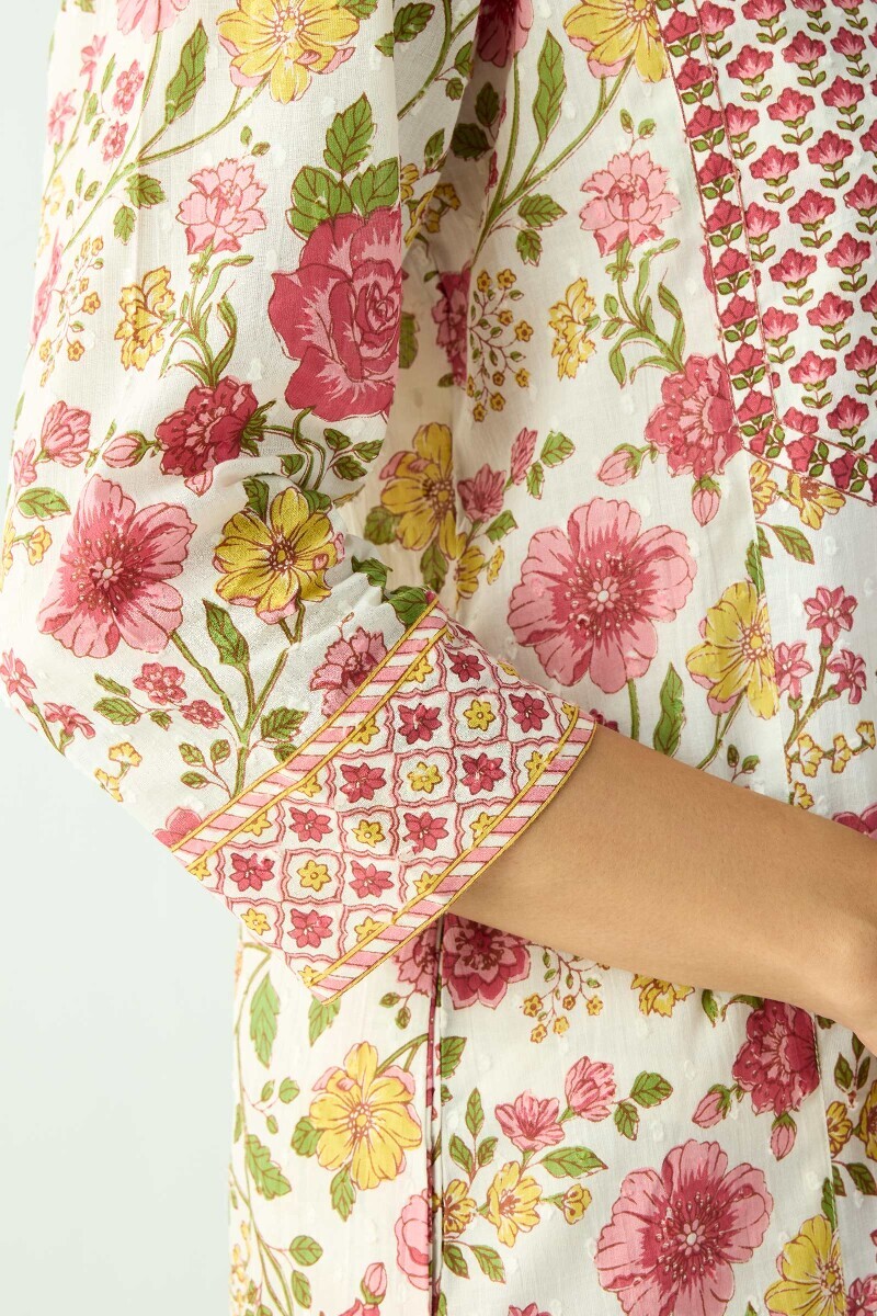 White Hand Printed Cotton Dobby Kaftan