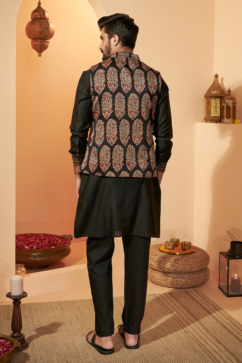 Black Hand Block Printed Modal Nehru Jacket