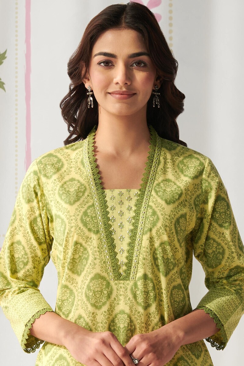 Lime Green Hand Printed Straight Cotton Kurta