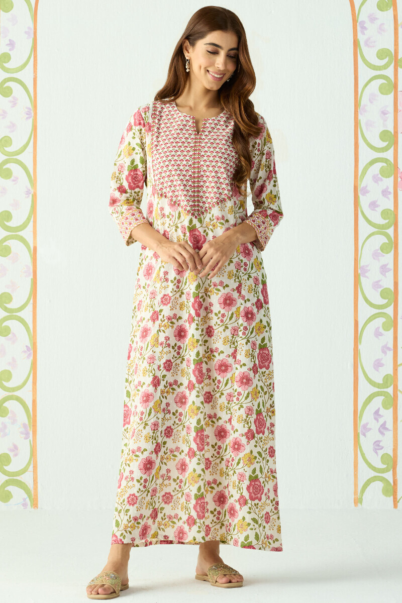 White Hand Printed Cotton Dobby Kaftan