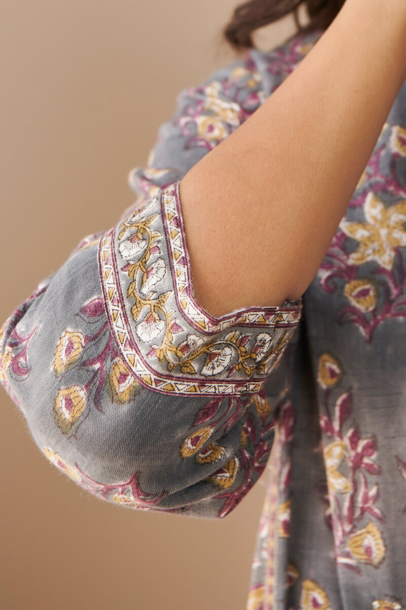 Grey Hand Block Printed Straight Cotton Slub Kurta