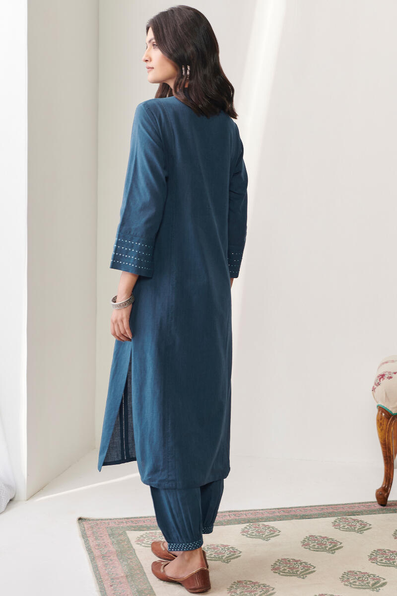 Blue Handcrafted Straight Cotton Kurta