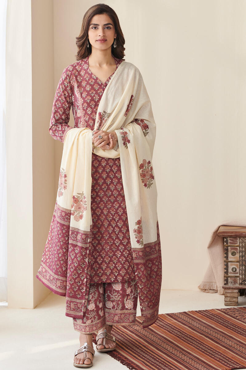 Maroon Hand Block Printed Cotton Farsi