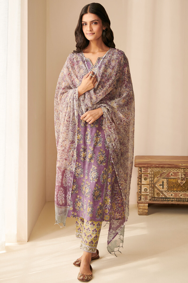 Purple Hand Block Printed Straight Cotton Slub Kurta