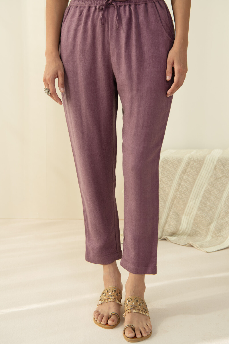 Purple Handcrafted Faux Wool Handloom Narrow Pants